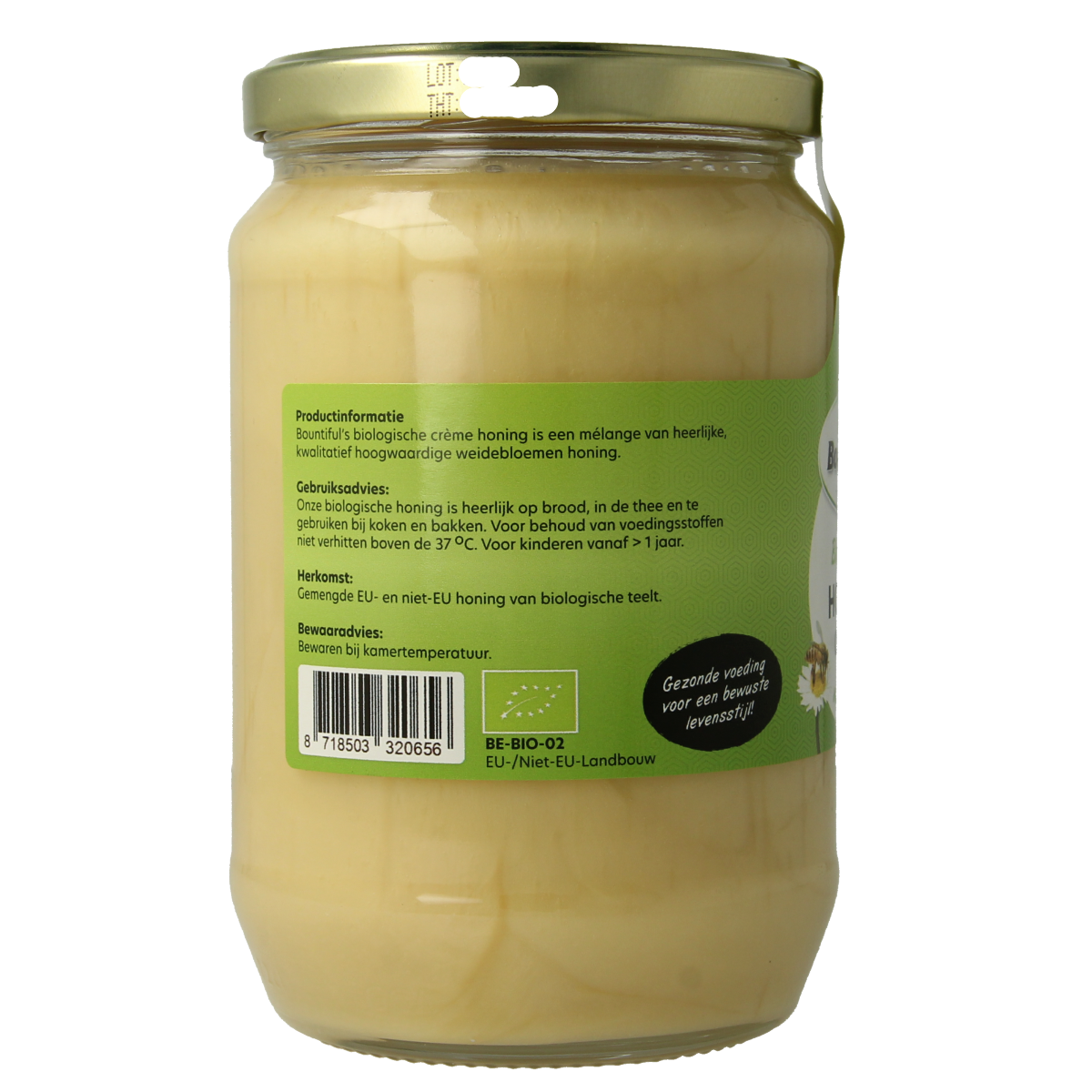 Bountiful Honing Weidebloemen Creme Bio jar showing golden honey with a smooth, creamy texture and label details.