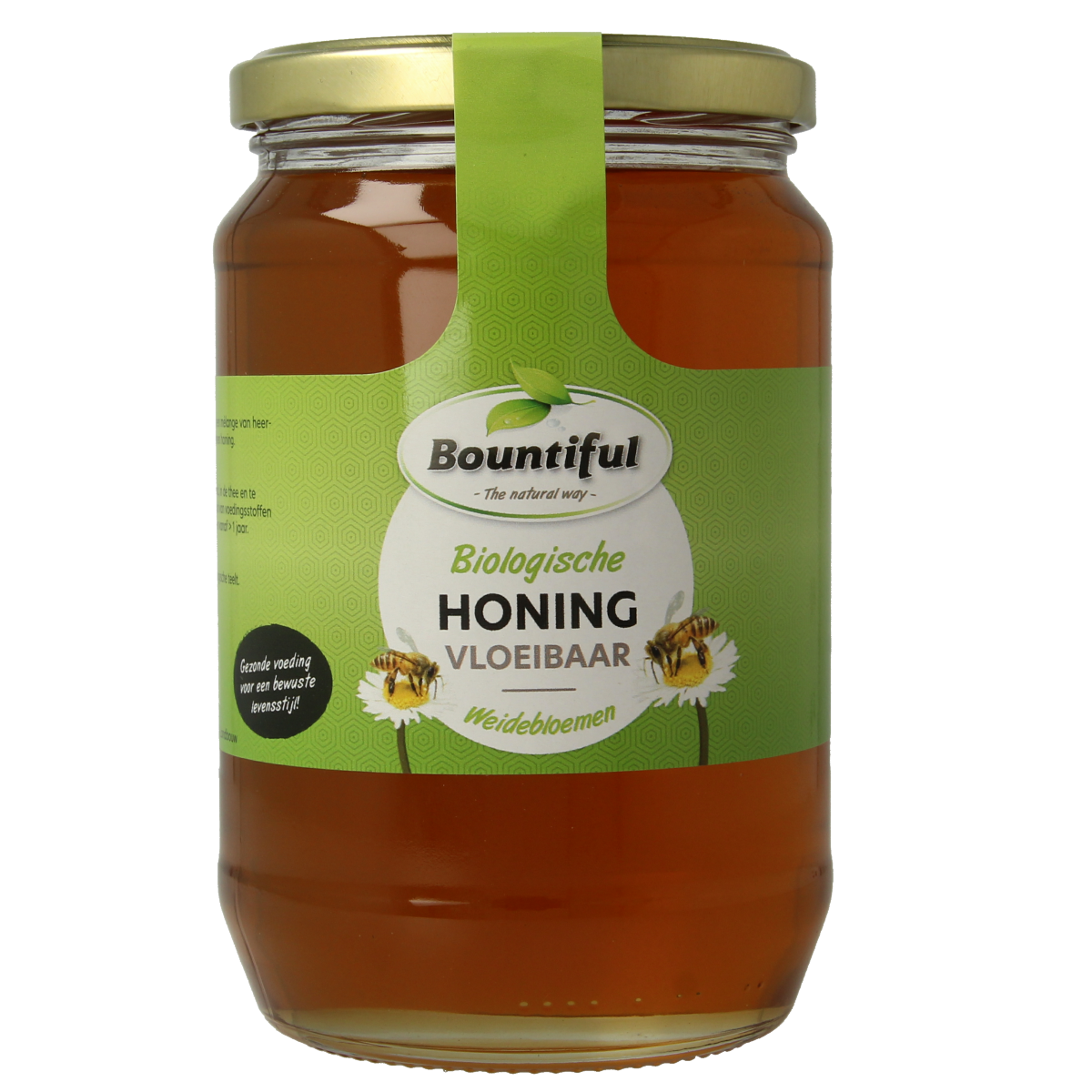 Bountiful Bienenhonig flüssiges Honing aus Weidenblüten, bio, 900g in einem Glas mit goldener Honigschicht und Blütenmuster