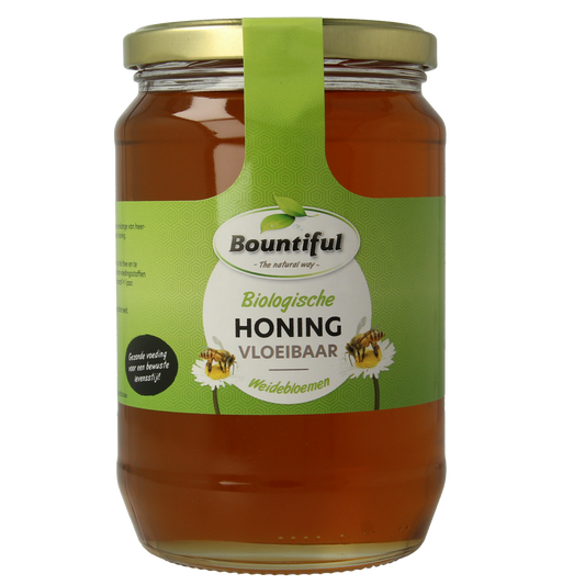 Bountiful Bienenhonig flüssiges Honing aus Weidenblüten, bio, 900g in einem Glas mit goldener Honigschicht und Blütenmuster