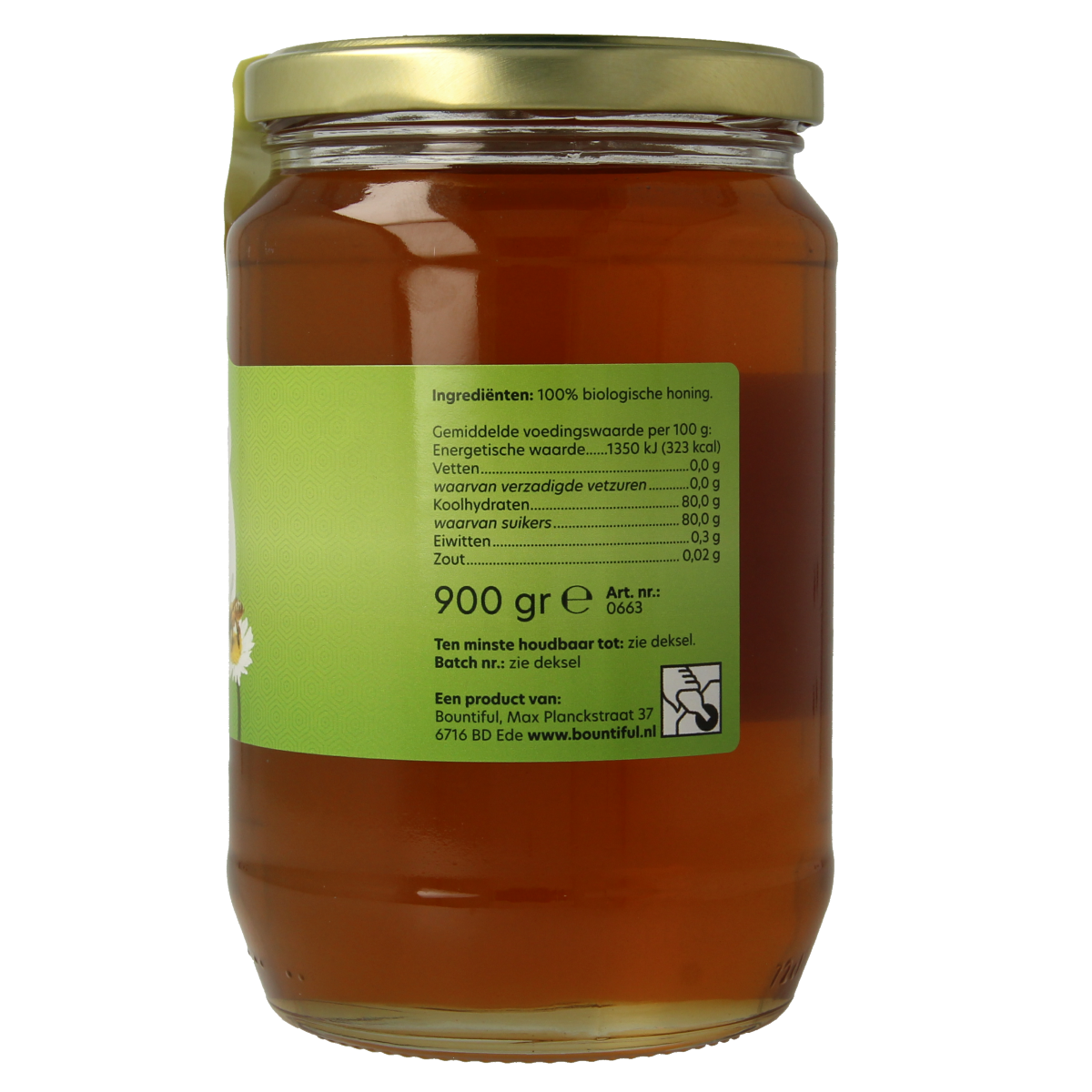 Bountiful Bountiful Honing vloeibaar bio honey jar with a label, 900g, featuring golden honey inside.