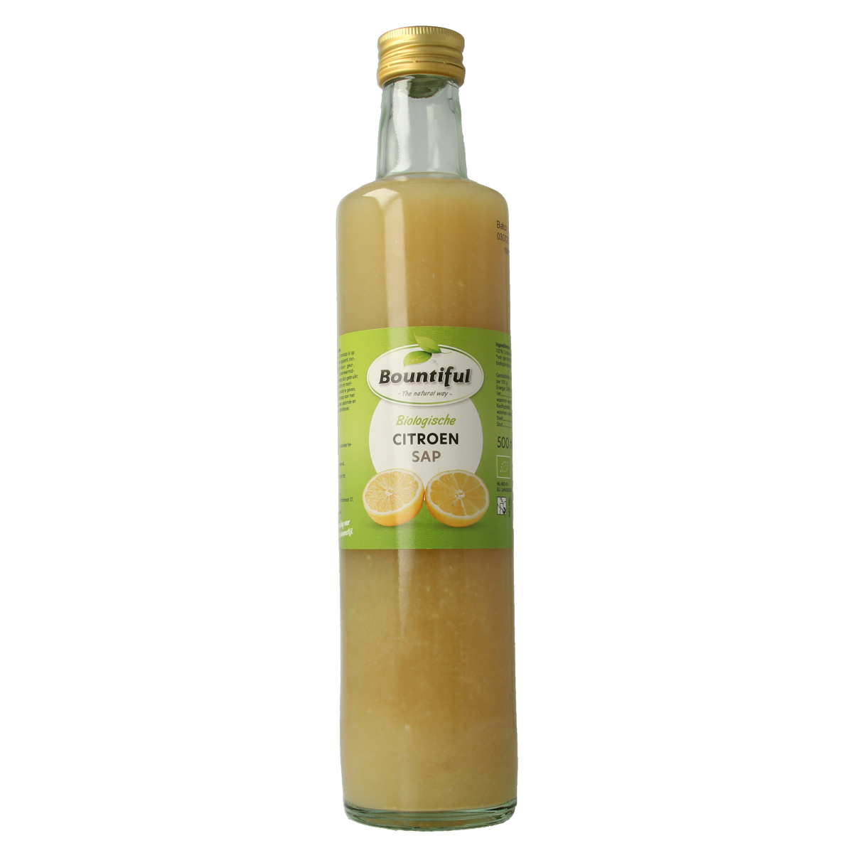Bountiful organic citron juice in a 500ml bottle, fresh citrus drink with vibrant yellow color, healthy and natural beverage.