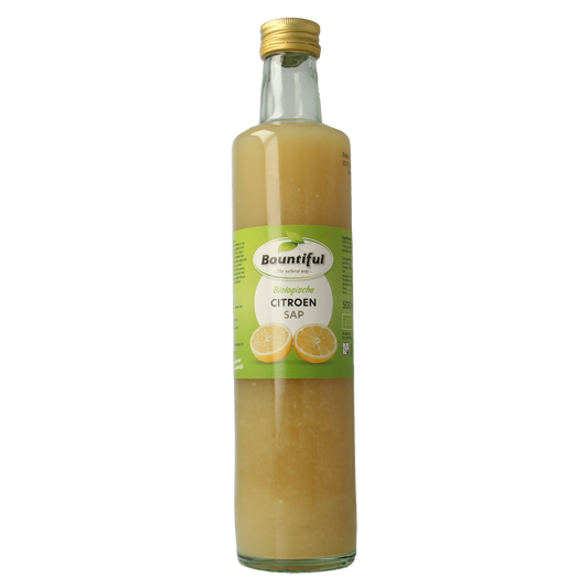 Bountiful organic citron juice in a 500ml bottle, fresh citrus drink with vibrant yellow color, healthy and natural beverage.