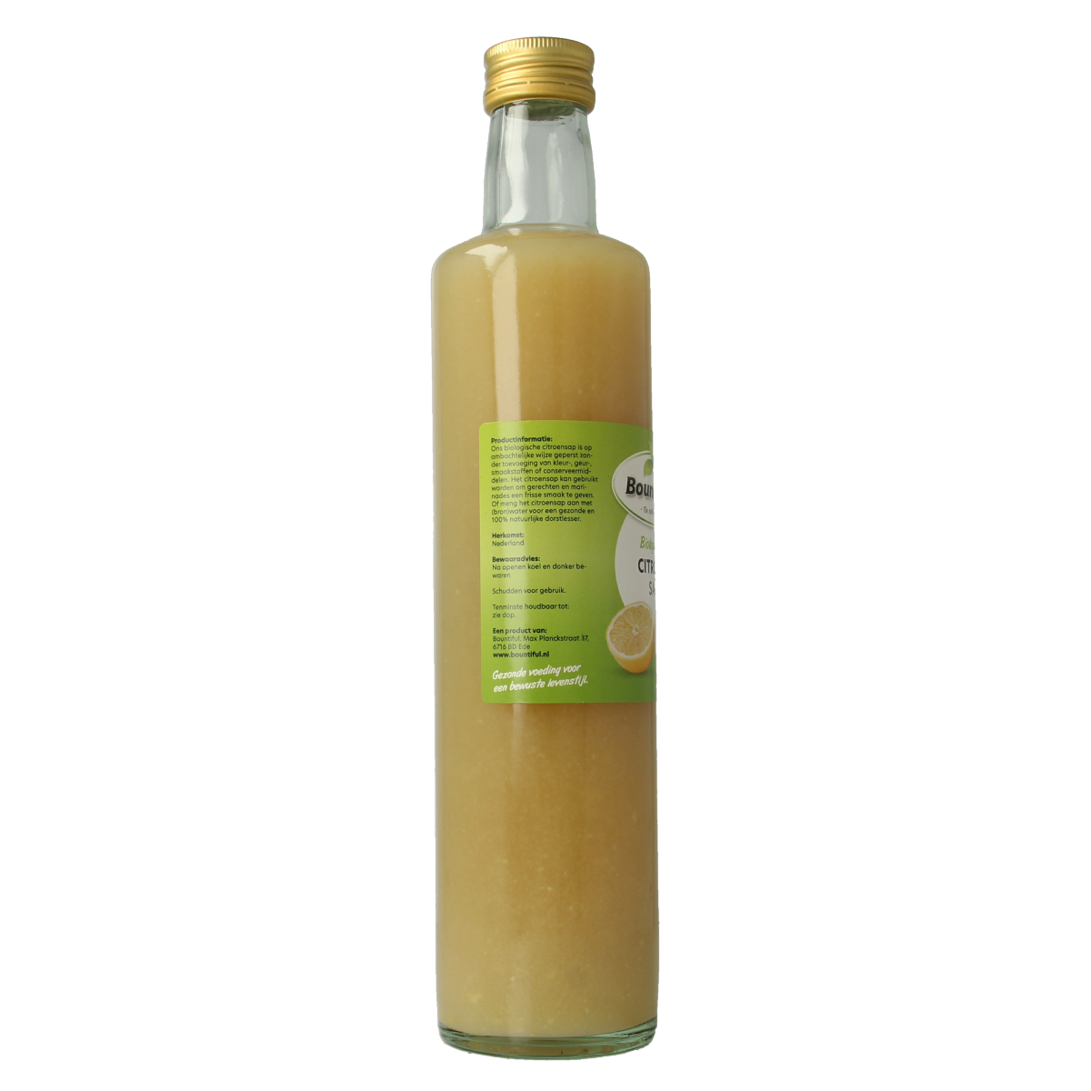 Bountiful bio citroensap bottle, 500ml, natural organic lemon juice in a clear plastic container.
