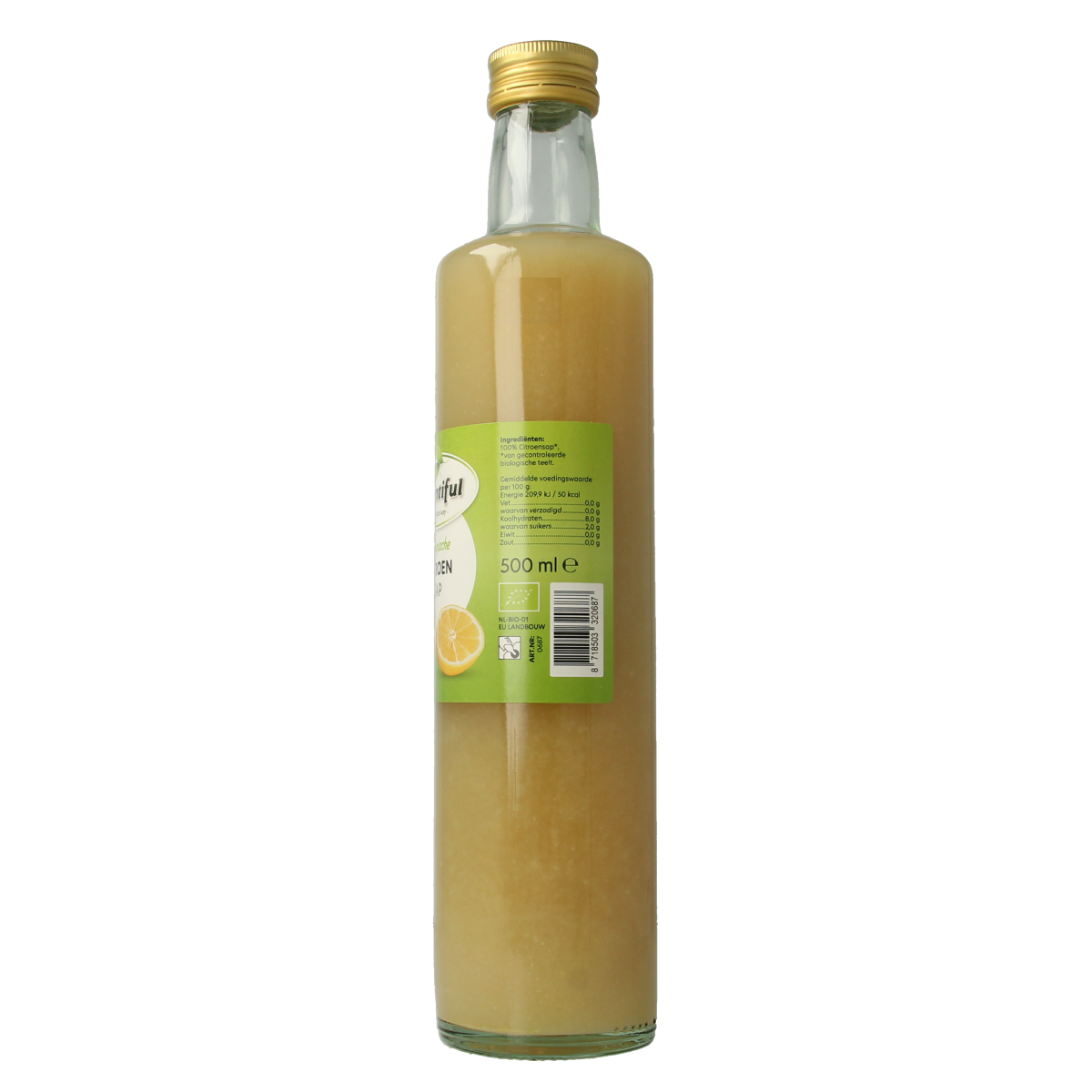 Bountiful Bountiful Citroensap bio 500ml bottle of organic lemon juice with fresh lemons and a glass of lemon drink