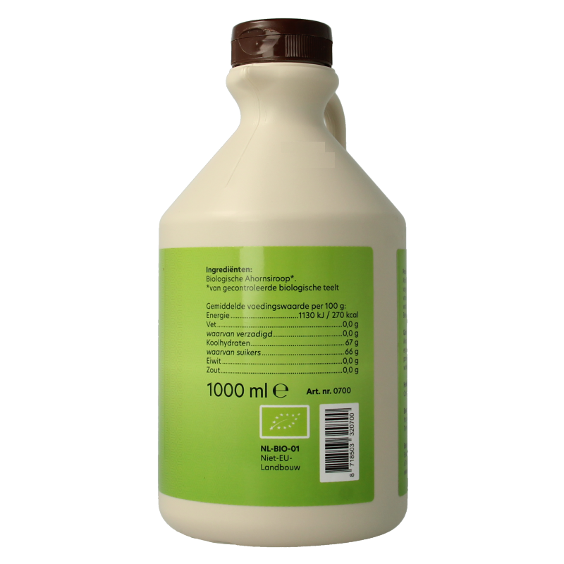 Bountiful organic maple syrup bottle with 1000ml capacity, showcasing the golden syrup inside and label on the front.