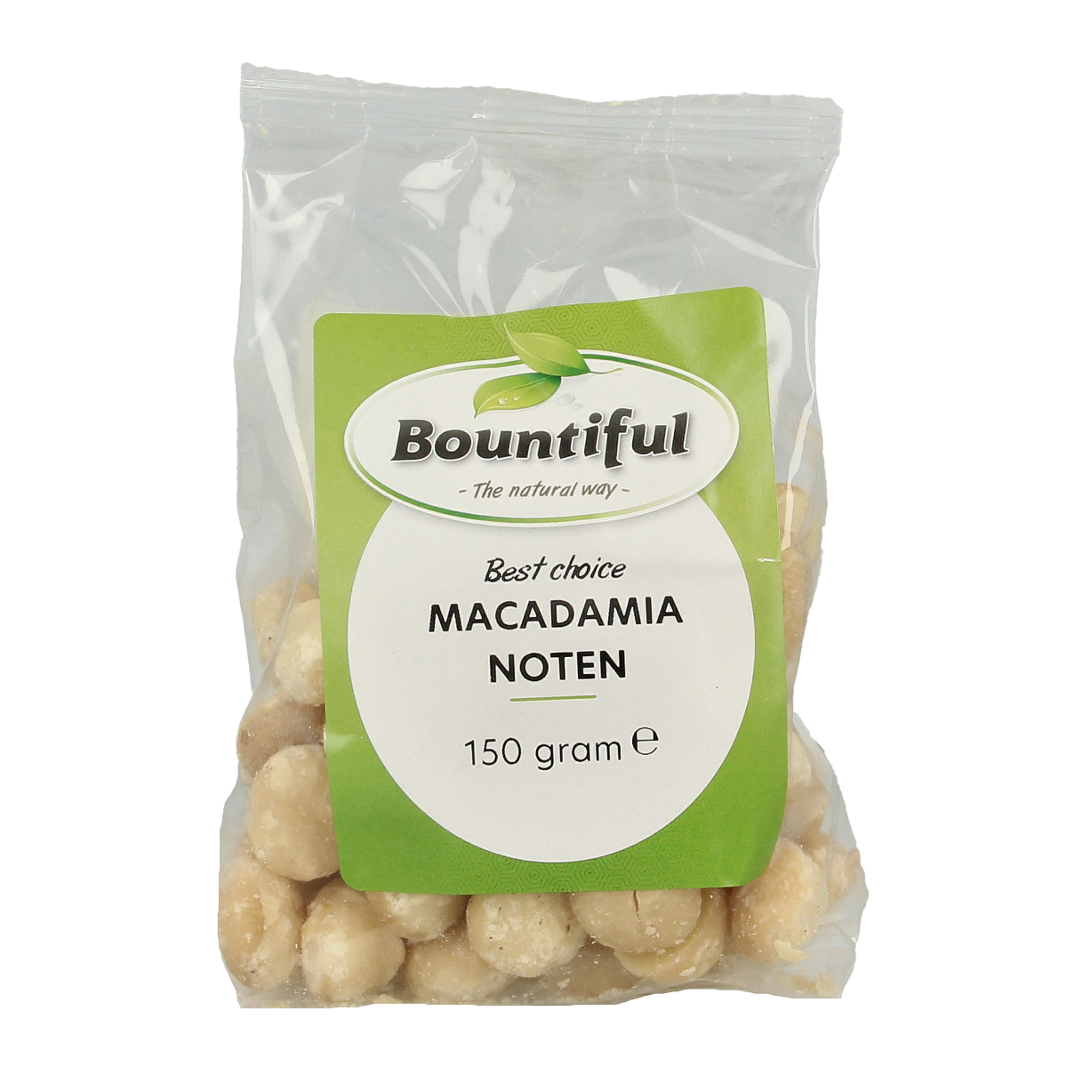 Raw Bountiful macadamia nuts in a 150g package, showcasing whole, natural superfood nuts with a light brown shell