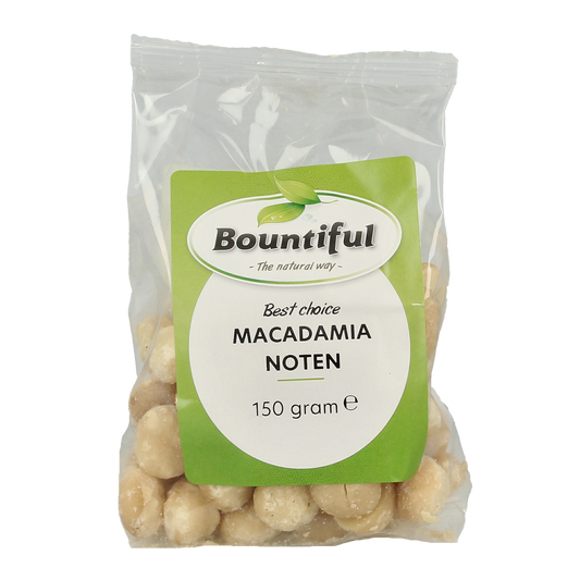Raw Bountiful macadamia nuts in a 150g package, showcasing whole, natural superfood nuts with a light brown shell