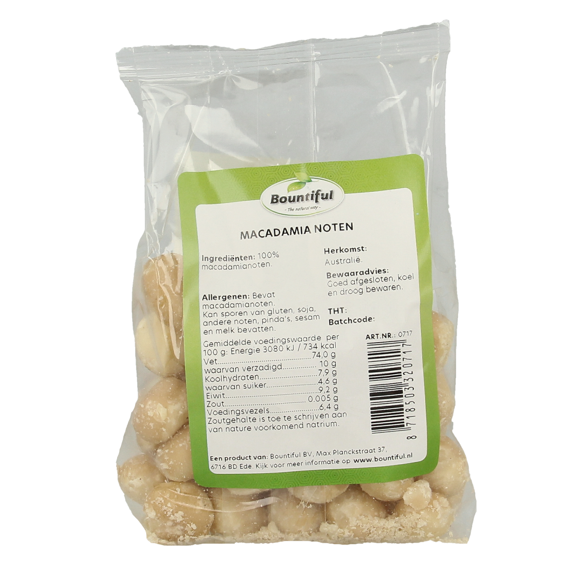 Raw Bountiful Macadamia nuts in a 150g package, showcasing the natural, creamy nuts from the superfoods collection.