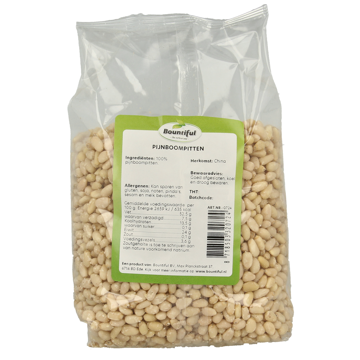 Raw Bountiful Pijnboompitten in a 500g package, a healthy superfood snack featuring fresh pine nuts from the Bountiful brand.