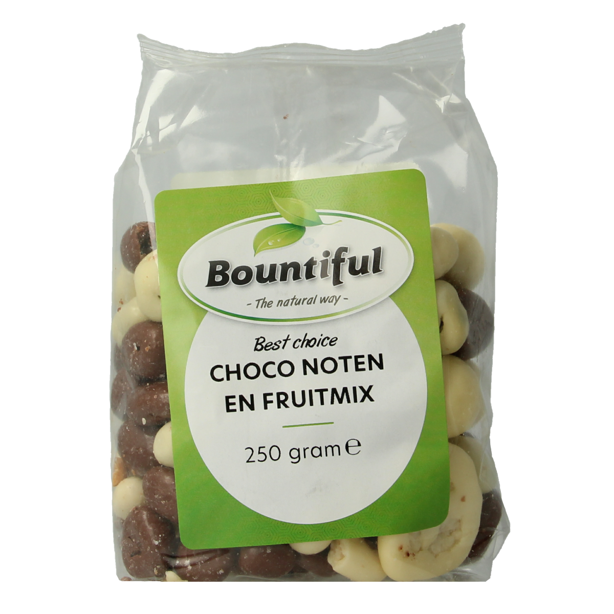 Bountiful Bountiful Choco noten fruitmix snack with assorted nuts, dried fruits, and chocolate pieces in a 250g package.