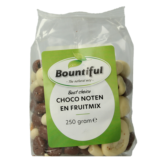 Bountiful Bountiful Choco noten fruitmix snack with assorted nuts, dried fruits, and chocolate pieces in a 250g package.
