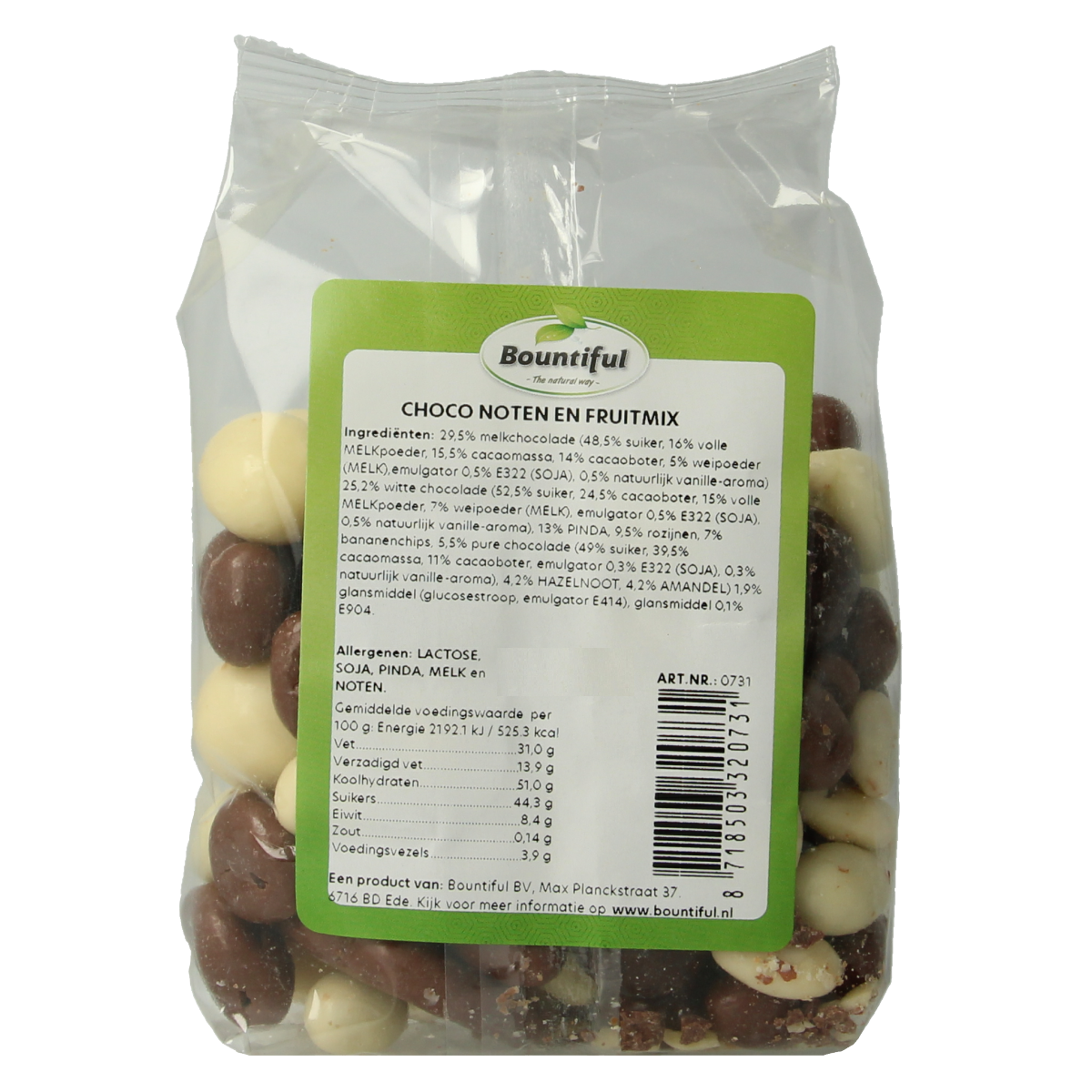 Bountiful Choco Noten Fruitmix snack bag with chocolate, nuts, and dried fruit in a 250g package.