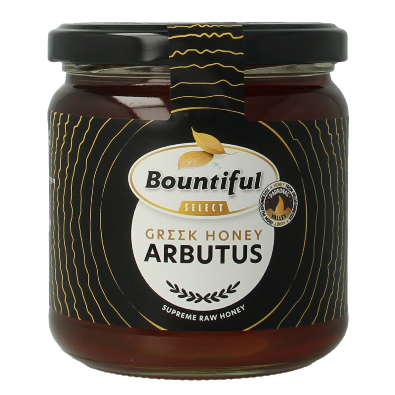 Bountiful Select Griekse rauwe honing arbutus in a 500g jar, showcasing golden raw honey with natural texture.