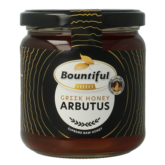 Bountiful Select Griekse rauwe honing arbutus in a 500g jar, showcasing golden raw honey with natural texture.