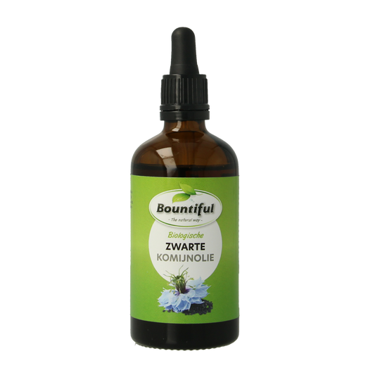 Bountiful Bountiful Komijnolie zwart bio, 100ml, organic black cumin seed oil in a dark glass bottle with a label.
