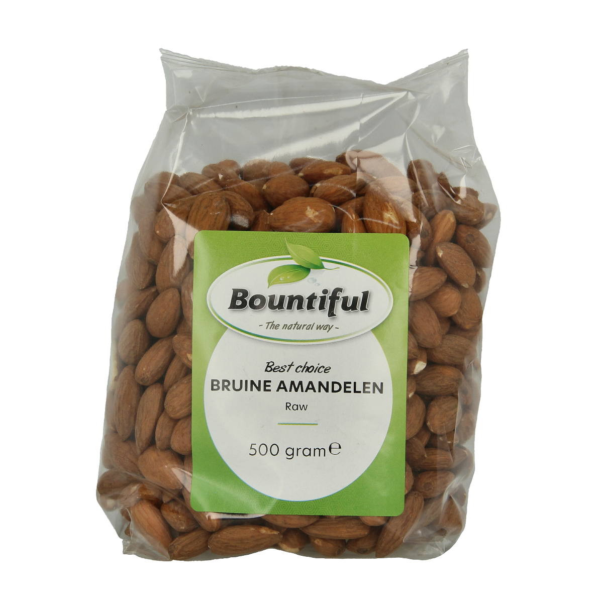 Bountiful brown almonds in a 500g bag, healthy snack option, shown in a clear image with the brand logo visible.