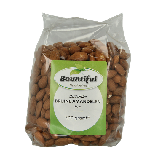 Bountiful brown almonds in a 500g bag, healthy snack option, shown in a clear image with the brand logo visible.