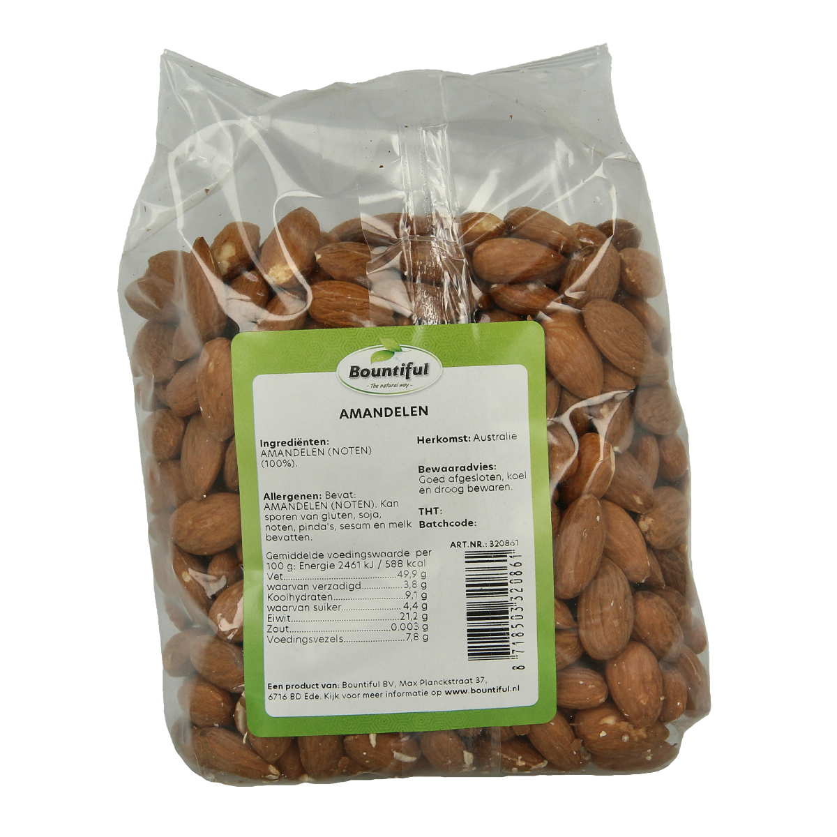 Bountiful Bountiful Amandelen bruin, 500 grams, in a clear package, perfect for snacks and healthy eating.
