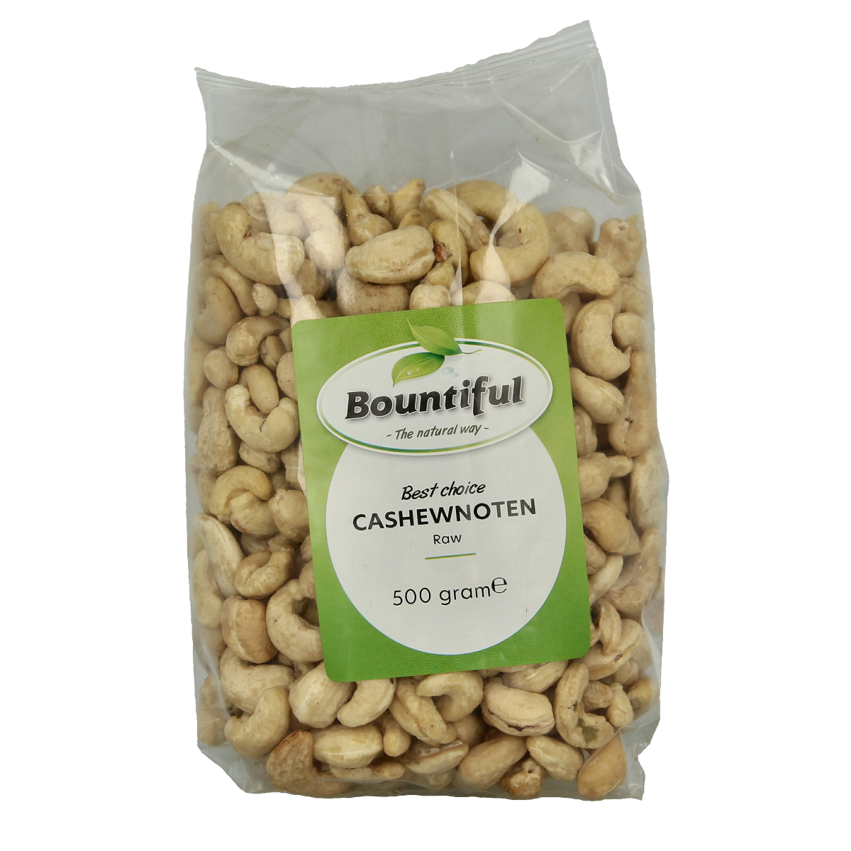 Bountiful Cashewnoten 500g snack bag, showing a close-up of roasted cashew nuts in a transparent package.