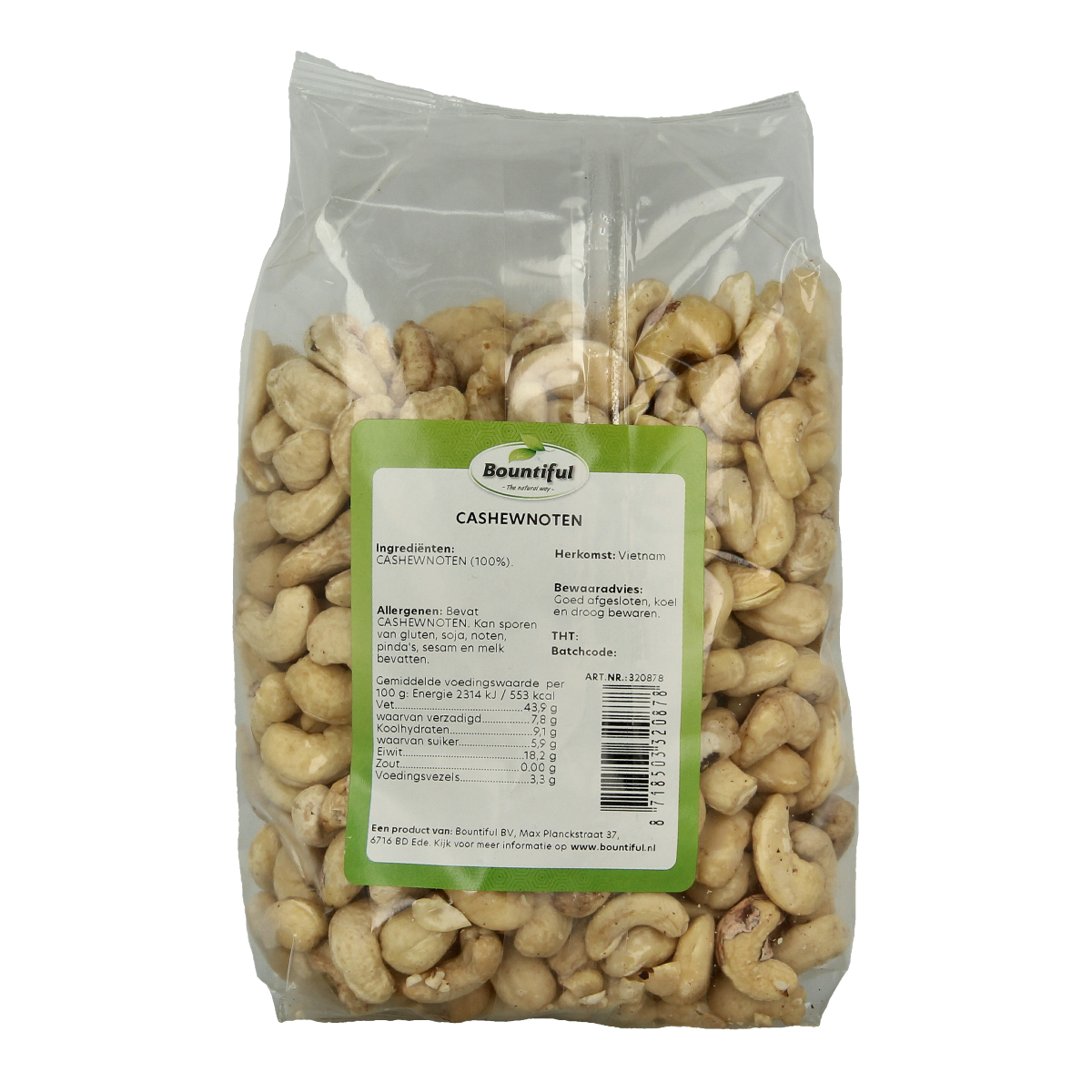 Bountiful cashew nuts in a 500g package, a healthy snack option with crunchy, roasted cashew pieces for snacking or cooking.