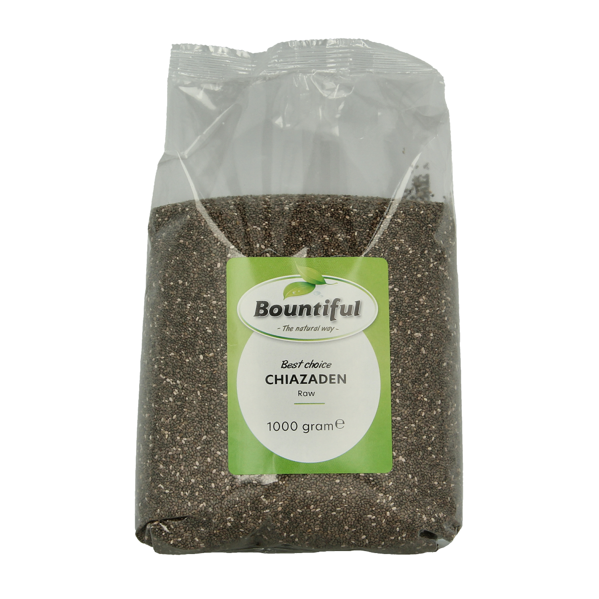 Bountiful raw chia seeds in a 1kg bag, high-quality superfood with tiny black and white seeds for healthy eating.