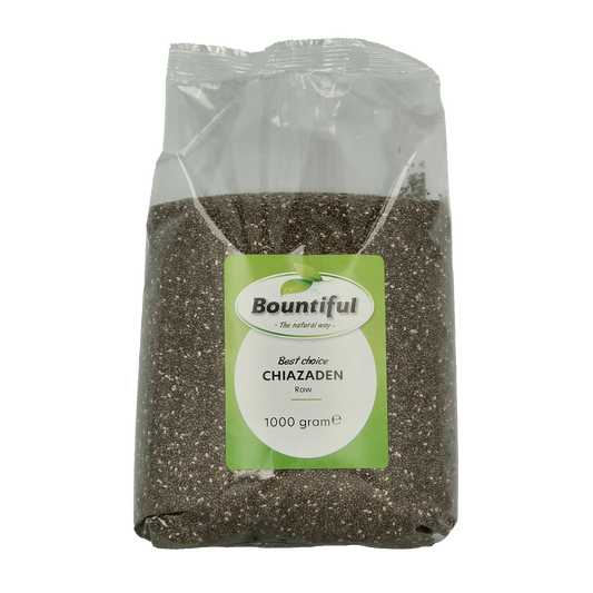 Bountiful raw chia seeds in a 1kg bag, high-quality superfood with tiny black and white seeds for healthy eating.