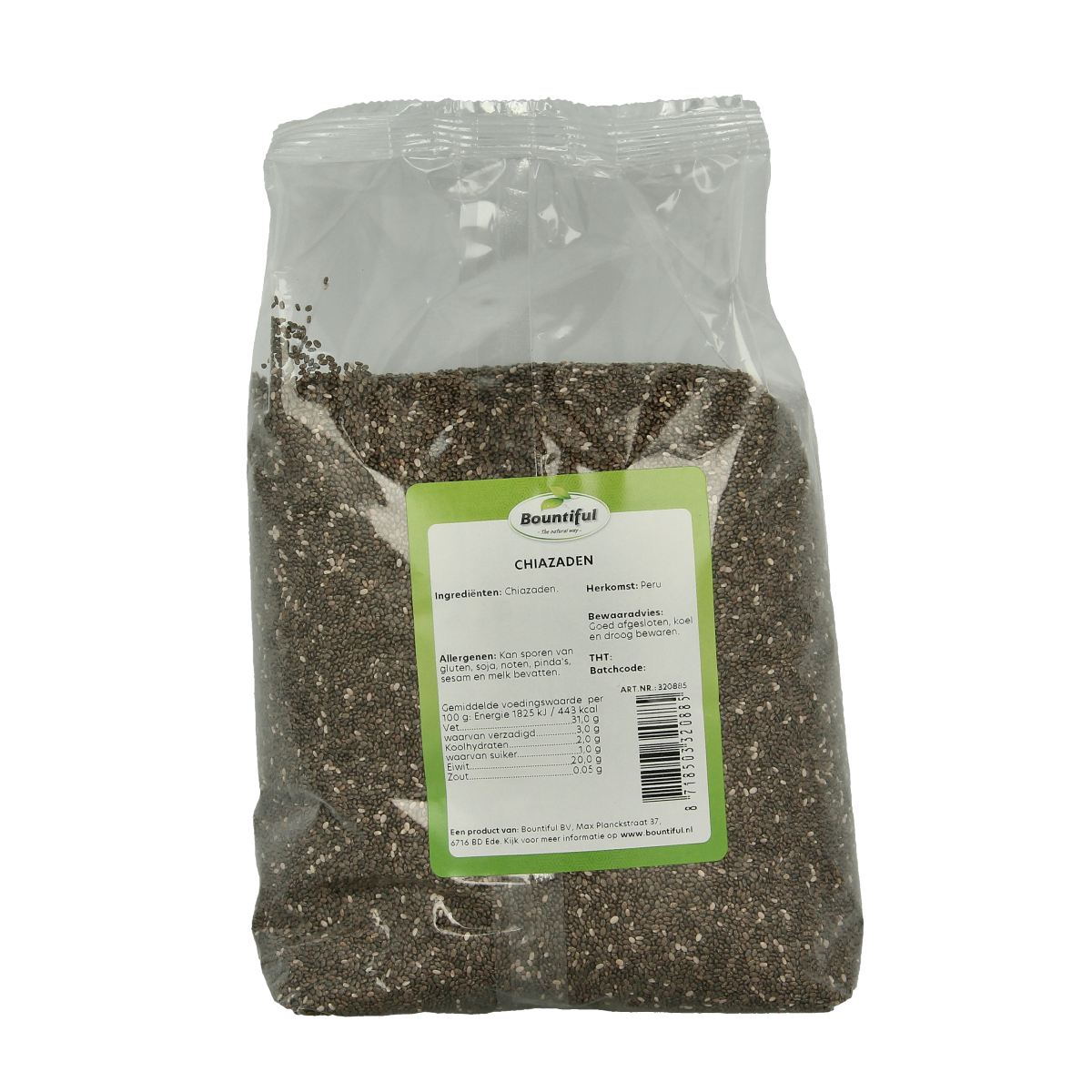 Bountiful Bountiful chia seeds in 1kg pack, raw superfood, close-up of chia seeds in clear container with label.