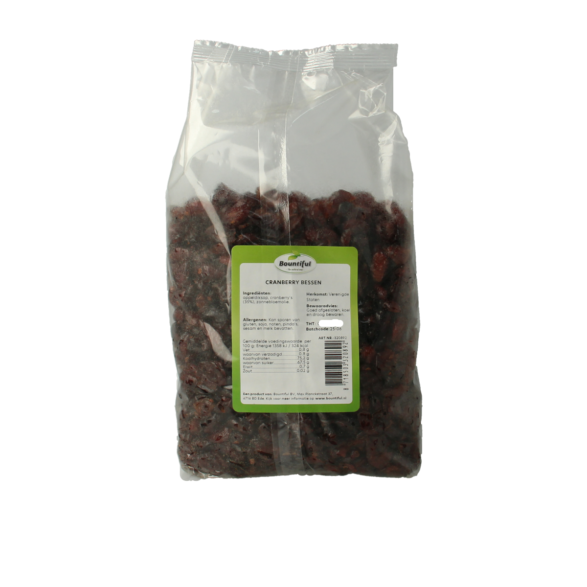 Bountiful Bountiful Cranberries gezoet met appeldiksap, 1kg, raw superfood with dried cranberries and apple juice concentrate.