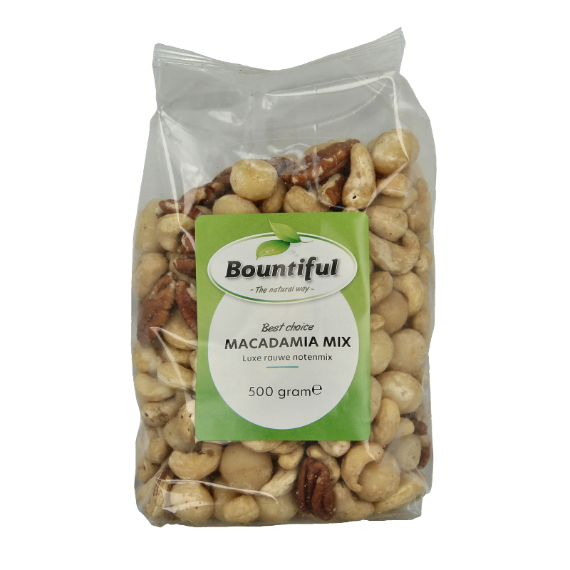 Bountiful Bountiful Macadamia mix in 500g package, raw superfood nuts with whole and chopped macadamias on white background.