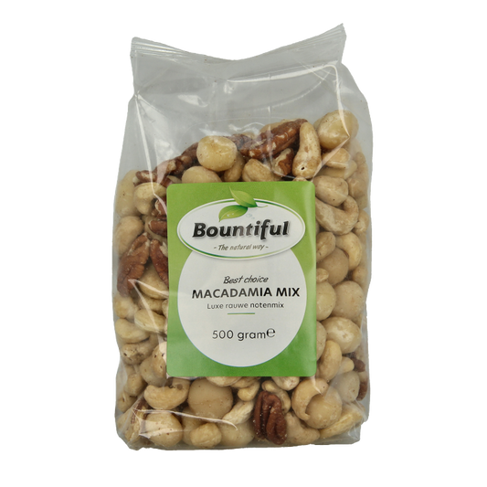 Bountiful Bountiful Macadamia mix in 500g package, raw superfood nuts with whole and chopped macadamias on white background.