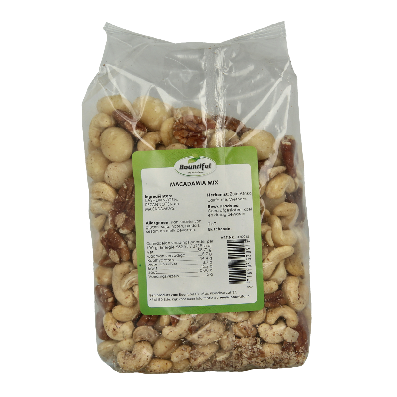 Raw Bountiful Macadamia mix in a 500 gram pack, featuring whole and chopped macadamias for superfood snacking and recipes.