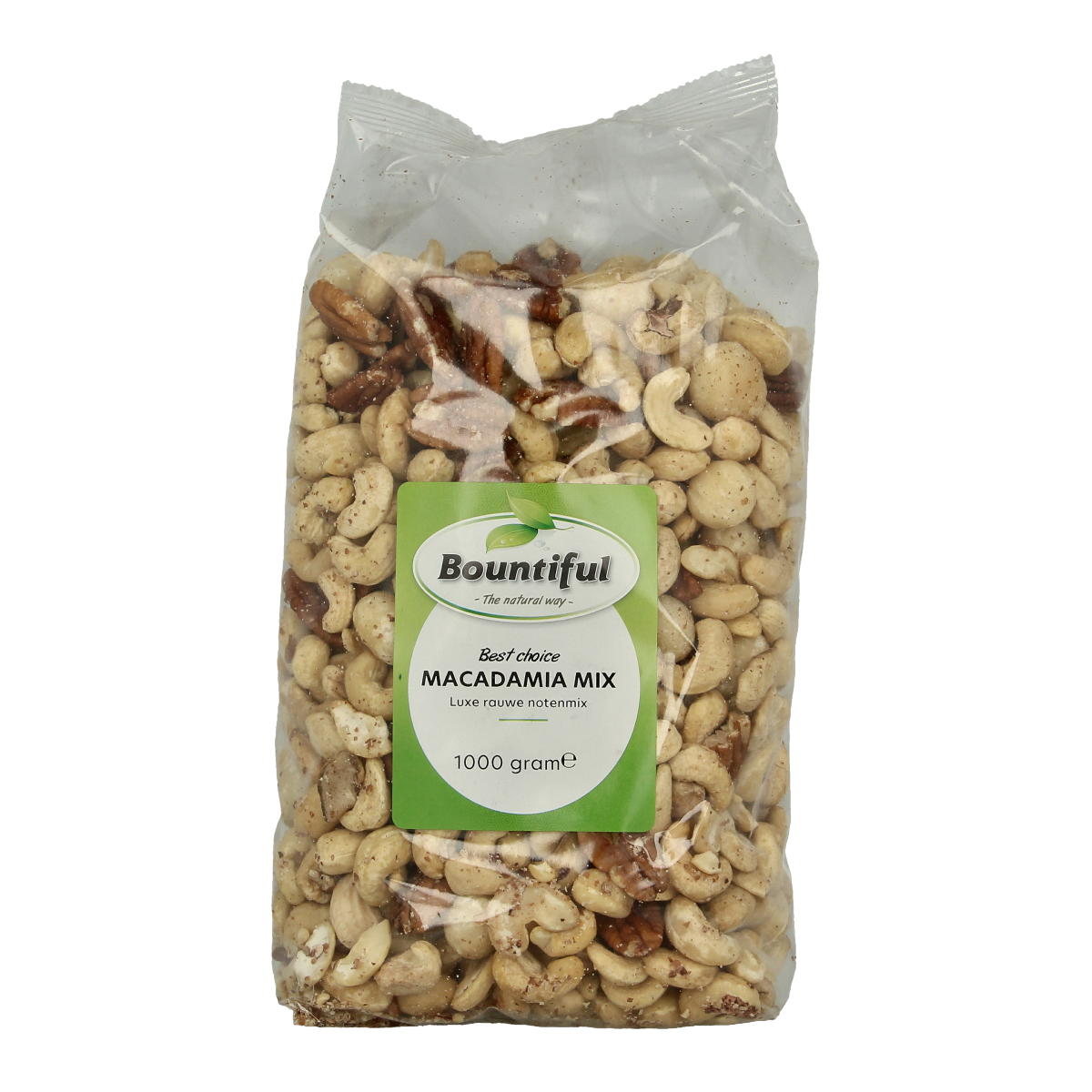 Raw Bountiful Macadamia mix in a 1kg package, featuring a variety of crunchy, nutritious superfoods and nuts.