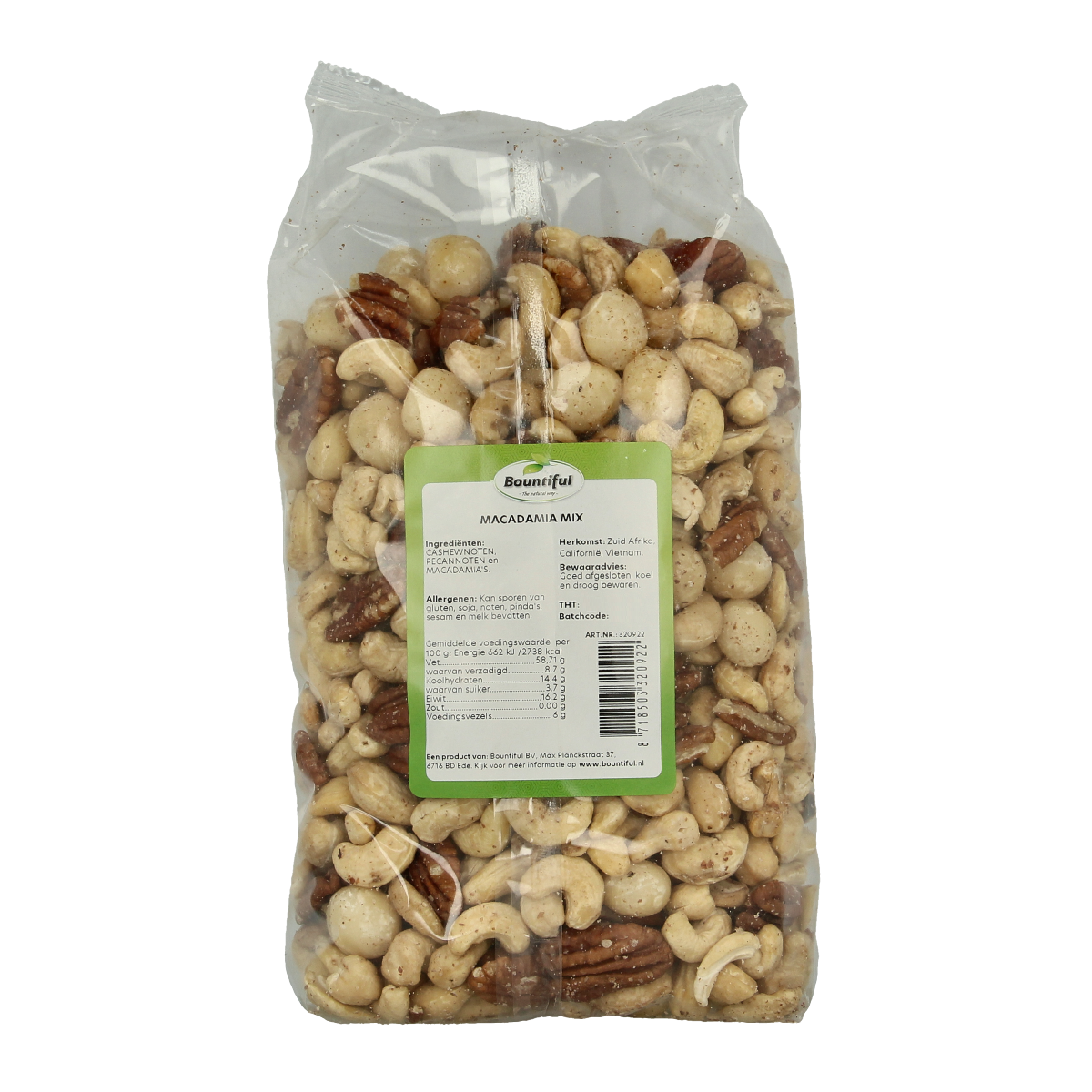 Bountiful raw macadamia nut mix in a 1kg bag, showcasing creamy, whole macadamia nuts from the Bountiful superfoods collection.