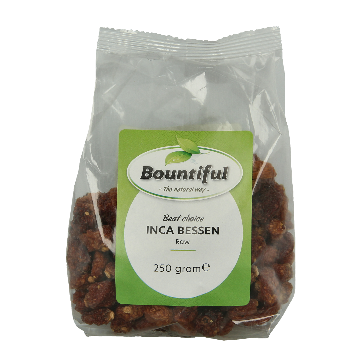 Bountiful Inca berries in a 250g package, raw superfood from Bountiful, with close-up of vibrant dried berries.