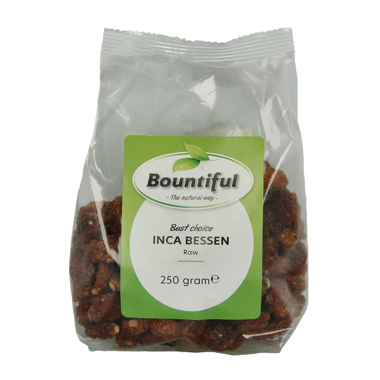 Bountiful Inca berries in a 250g package, raw superfood from Bountiful, with close-up of vibrant dried berries.