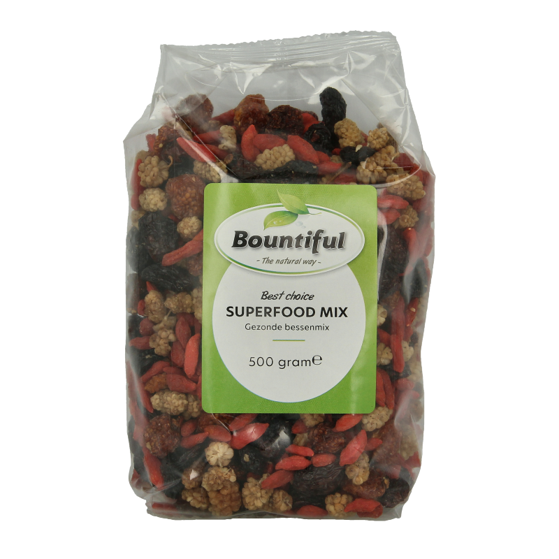 Bountiful Superfood mix 500g, raw superfoods blend with colorful dried fruits and seeds in a resealable bag.