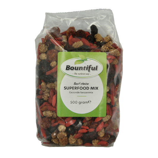 Bountiful Superfood mix 500g, raw superfoods blend with colorful dried fruits and seeds in a resealable bag.