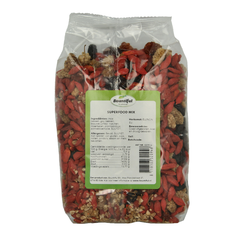 Bountiful Superfood mix 500g package with assorted raw superfoods in a resealable bag, highlighting vibrant natural ingredients.