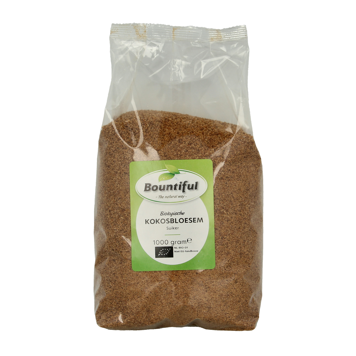 Organic Bountiful Kokosbloesem Suiker in 1kg package, natural coconut blossom sugar for sweetening and baking.