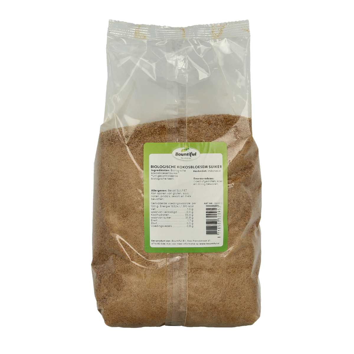Bountiful organic coconut blossom sugar in a 1kg bag, natural sweetener from sustainable coconut flowers.