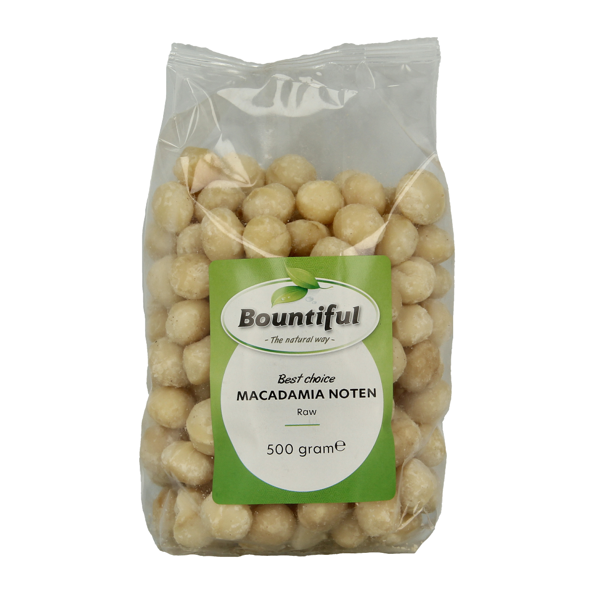 Bountiful Bountiful Macadamia nuts 500g package, raw and superfoods, with image of light brown, shelled macadamia nuts