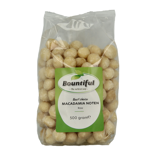 Bountiful Bountiful Macadamia nuts 500g package, raw and superfoods, with image of light brown, shelled macadamia nuts