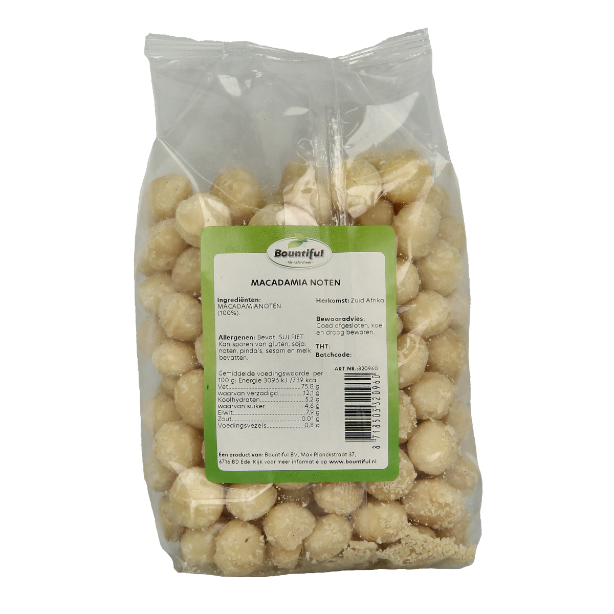 Raw Bountiful Macadamia nuts in 500g package, showcasing whole, natural nuts suitable for superfood recipes and healthy snacking.