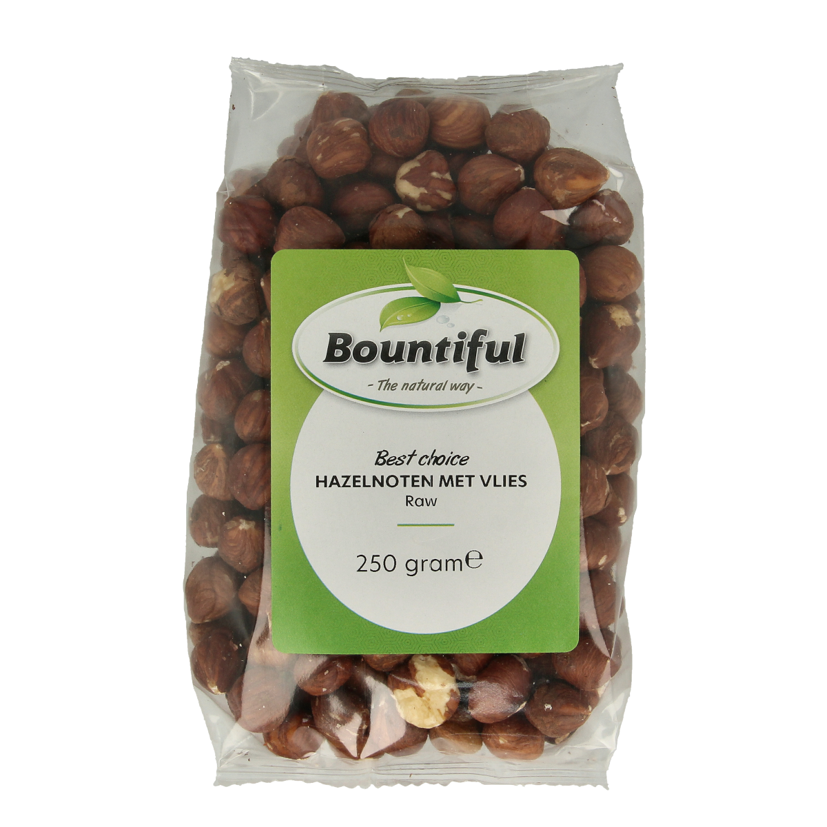 Raw Bountiful Hazelnoten in bruin, 250g, premium superfoods with whole, crunchy hazelnuts in a natural brown shell.