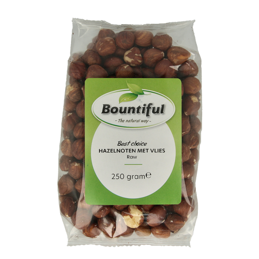 Raw Bountiful Hazelnoten in bruin, 250g, premium superfoods with whole, crunchy hazelnuts in a natural brown shell.