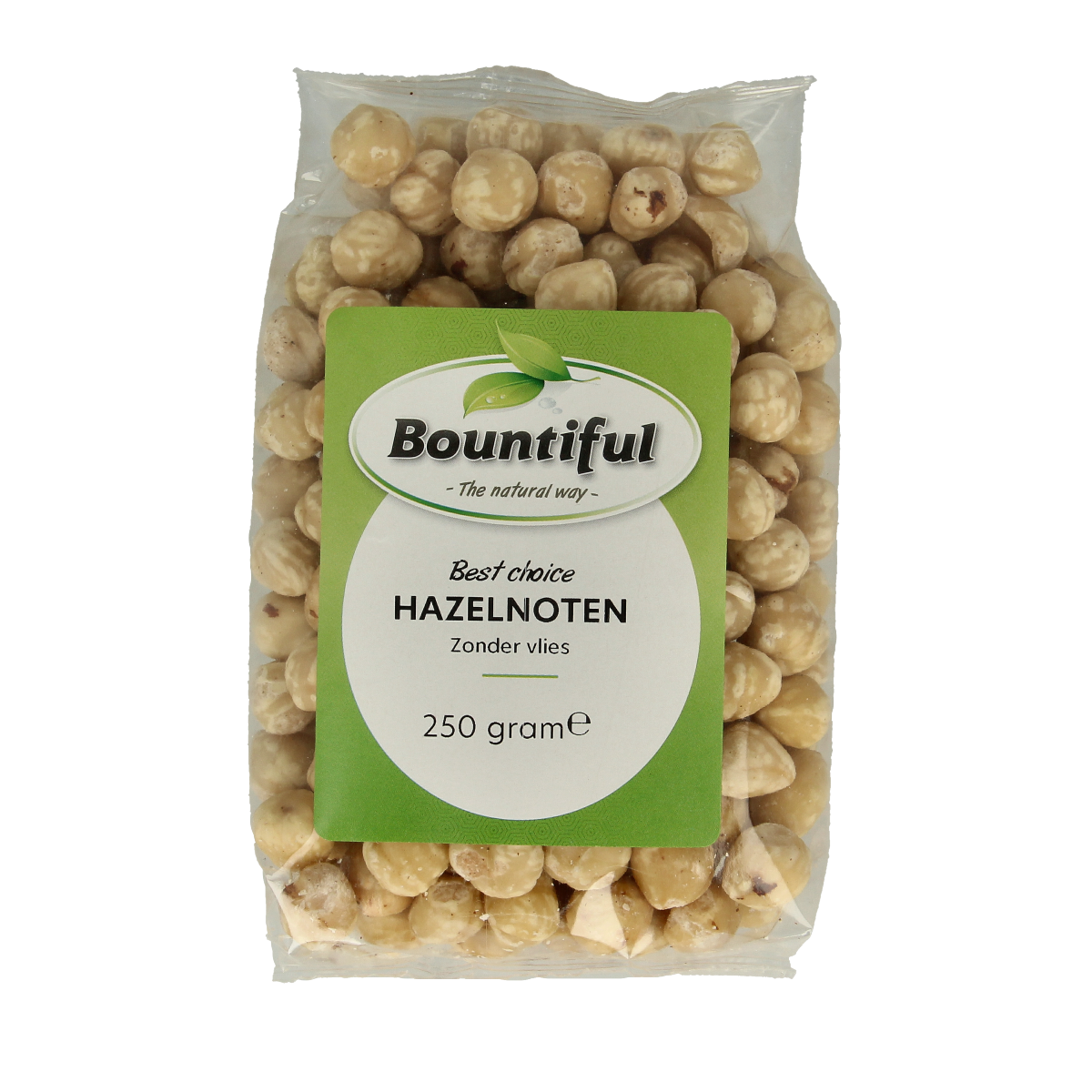 Raw Bountiful Hazelnoten hazelnuts in a 250g package, showcasing fresh, whole hazelnuts from the superfoods brand.