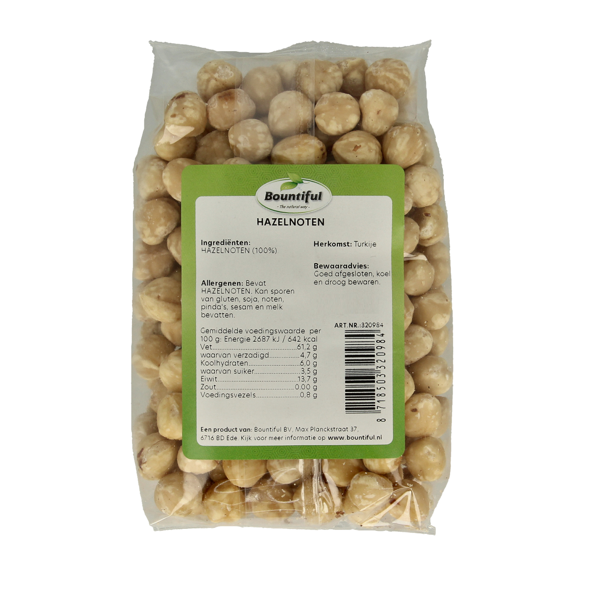 Bountiful Bountiful Hazelnoten blank, 250g, raw superfood hazelnuts in a clear container with a white background