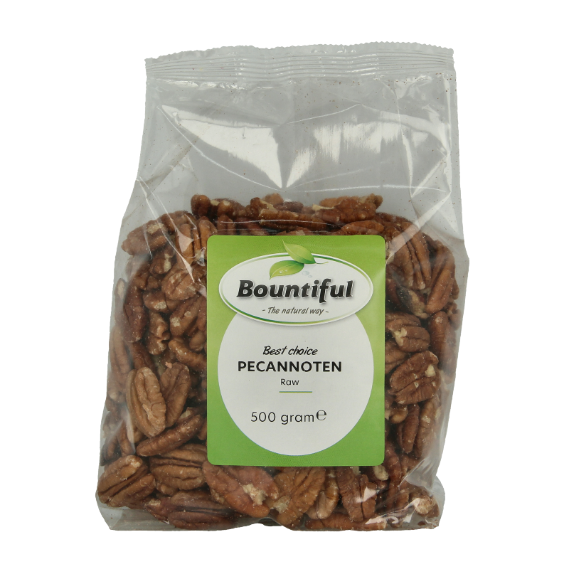 Raw Pecannoten from Bountiful Superfoods, 500 grams, showing fresh, whole pecans in a clear view.