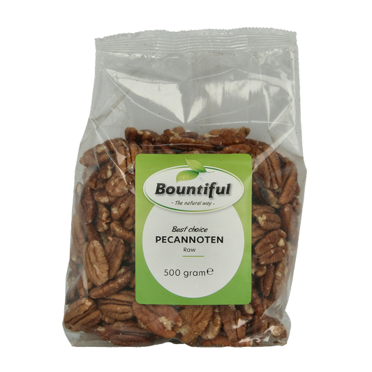 Raw Pecannoten from Bountiful Superfoods, 500 grams, showing fresh, whole pecans in a clear view.