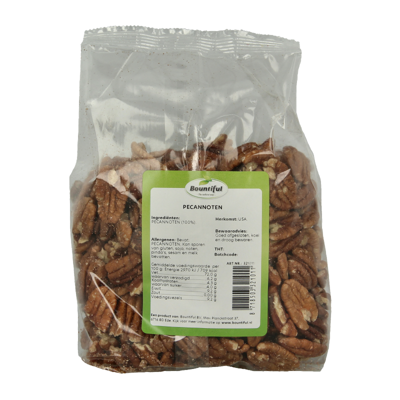 Bountiful Pecannoten in 500g pack, raw superfood pecans with shells, displayed in a clear container.